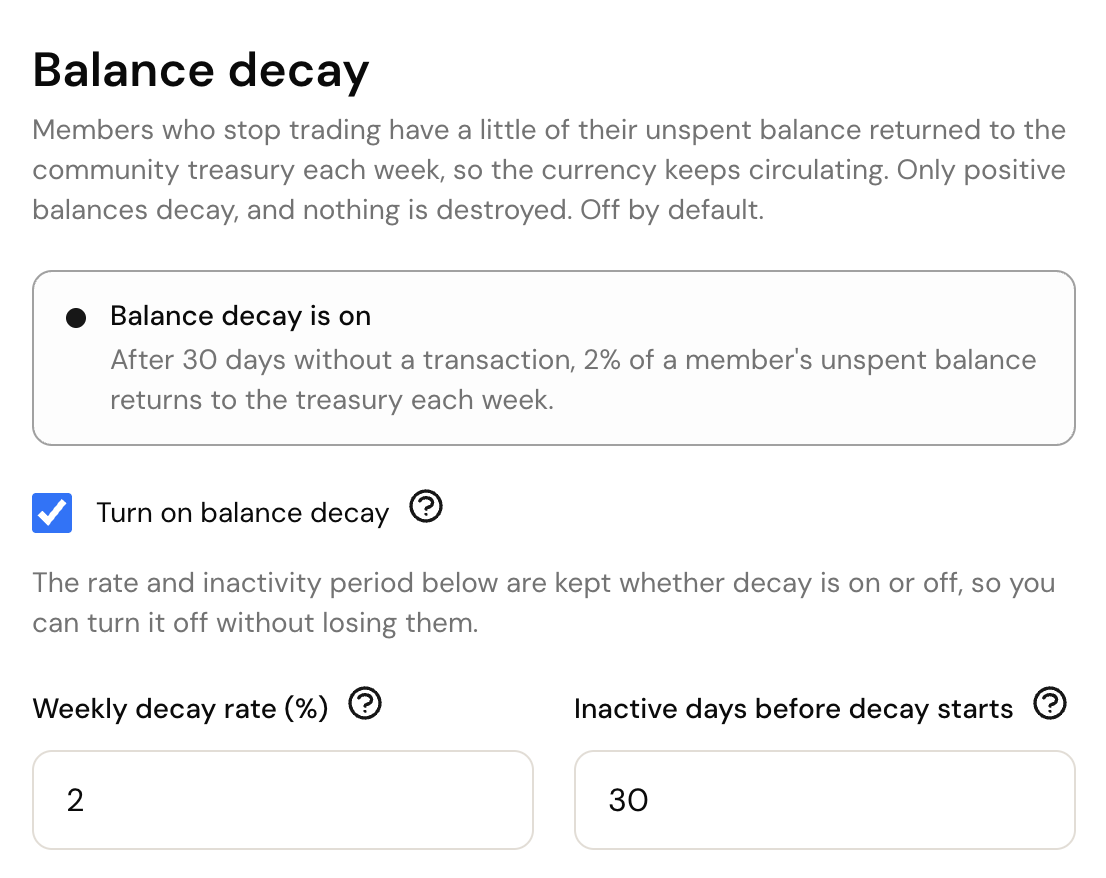 The Balance decay settings page: 2% a week after 30 inactive days