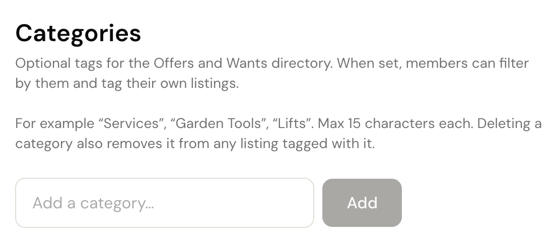 The Categories settings page