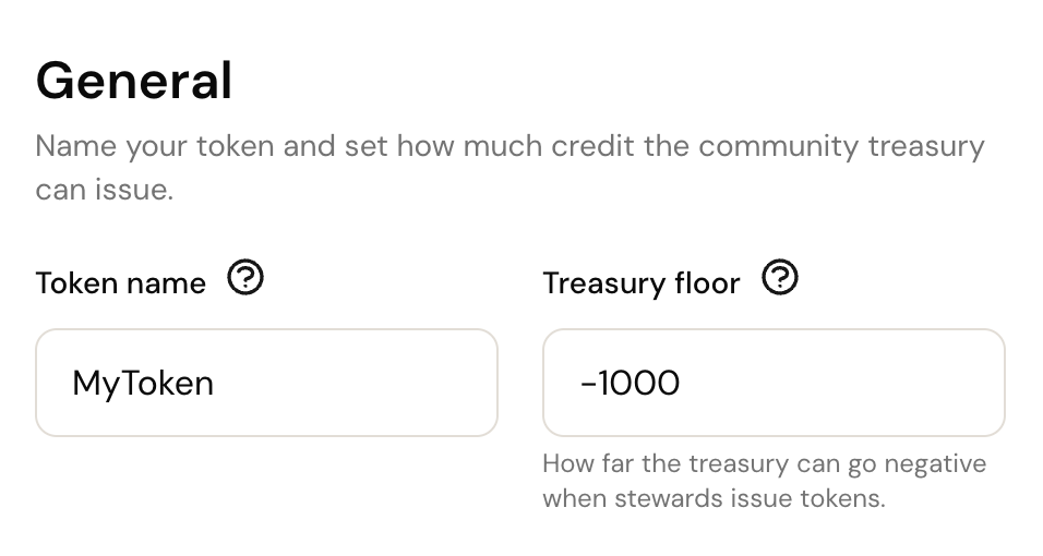 The General settings page: token name and treasury floor