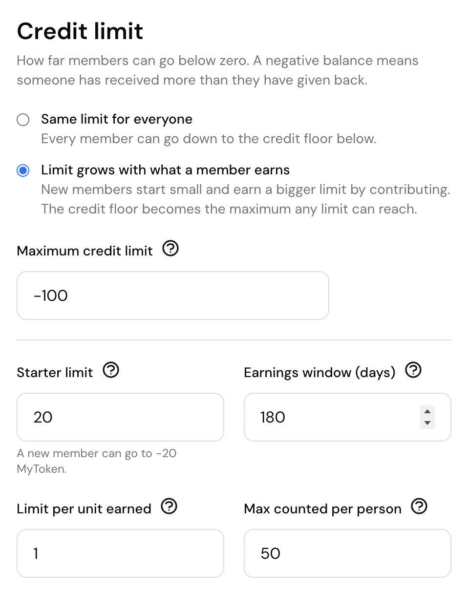 The Credit limit settings page, set to grow as members earn